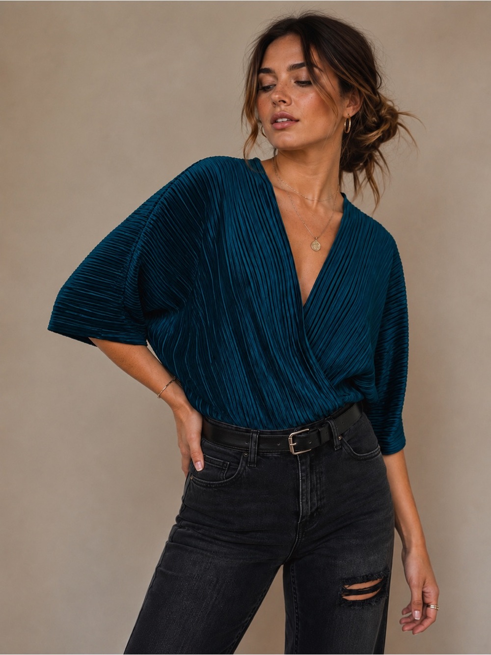 Karlie Teal Pleated Surplice Bodysuit Draped Sleeve Top, SZ M NWT MSRP $86